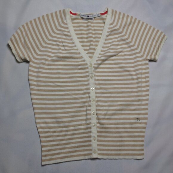 TOMMY HILFIGER womens TOP shirt STRIPED cream TAN sweater CARDIGAN SIZE M - Picture 1 of 8